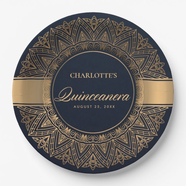 ASSIETTES EN CARTON LUXE MARINE GOLD CLASSIQUE ORNATE MANDALA QUINCEAN (Devant)