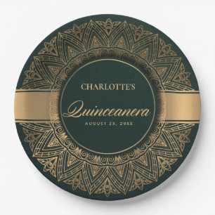 ASSIETTES EN CARTON LUXE OR VERT CLASSIQUE ORNATE MANDALA QUINCEANERA