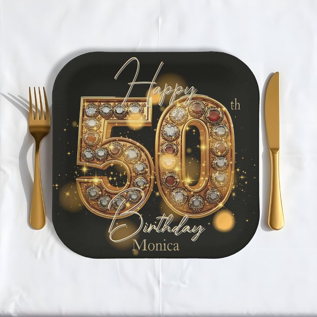 Assiettes En Carton Luxueux Black and Gold Gemstone 50e anniversaire (Créateur téléchargé)