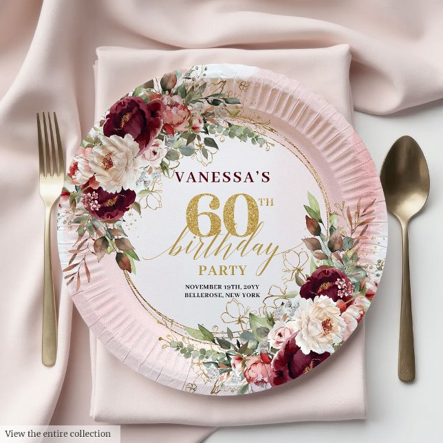 Assiettes En Carton Luxueux Bourgogne Or Floral 60e Anniversaire Bohèm (Luxury Burgundy Gold Floral 60th Birthday Boho Plates)