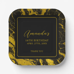 Assiettes En Carton Luxueux Marbre Noir & Or Sweet 16 Anniversaire