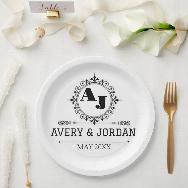 Assiettes En Carton Luxury Elegant Monogram with Initials white (Mariage)