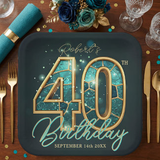 Assiettes En Carton Luxury Glam Teal Gold Agate 40th Birthday Party