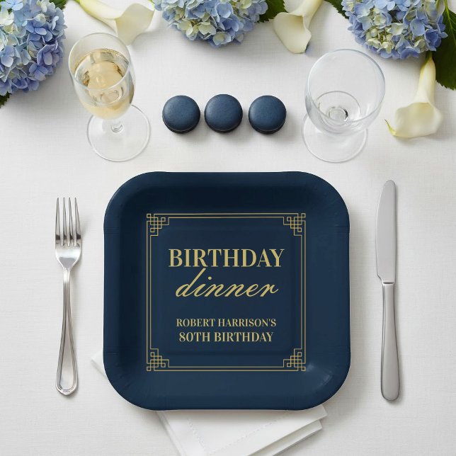 Assiettes En Carton Luxury Navy & Gold 80th Birthday Party (Créateur téléchargé)