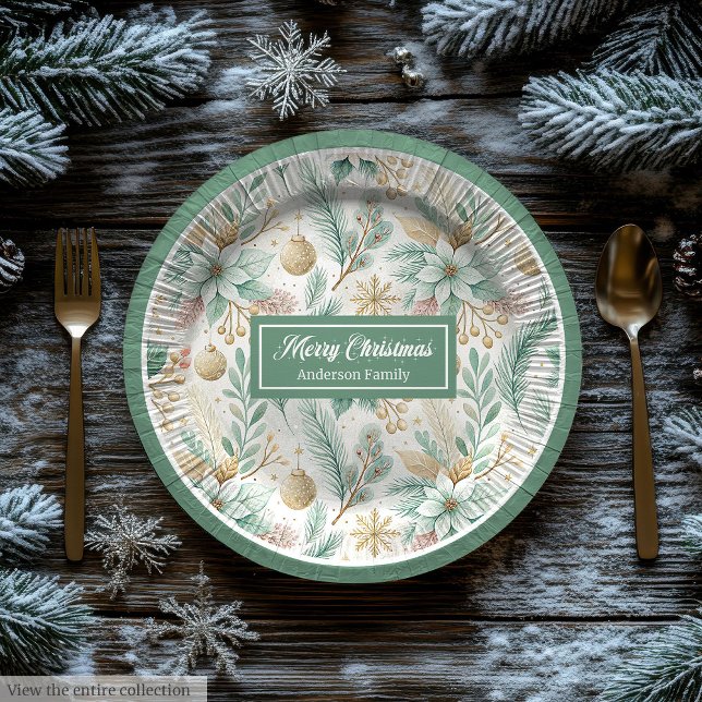 Assiettes En Carton Luxury Paper Plates White Poinsettia Sage and gold (Luxury Paper Plates White Poinsettia Sage and gold)