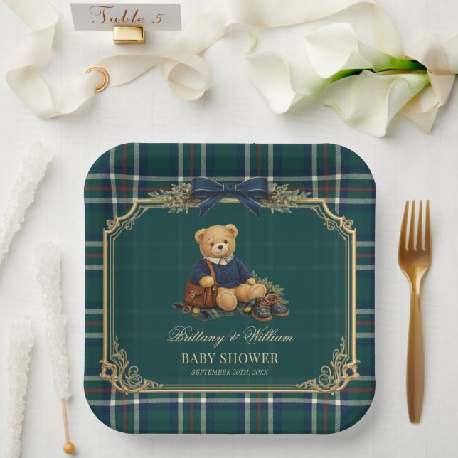 Assiettes En Carton Luxury Preppy Teddy Bear Plaid Baby Shower  (Mariage)