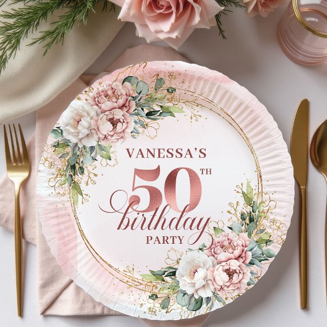 Assiettes En Carton Luxury Rose Gold Peonies 50th Birthday Party Plate (Luxury Rose Gold Peonies 50th Birthday Party Plates)