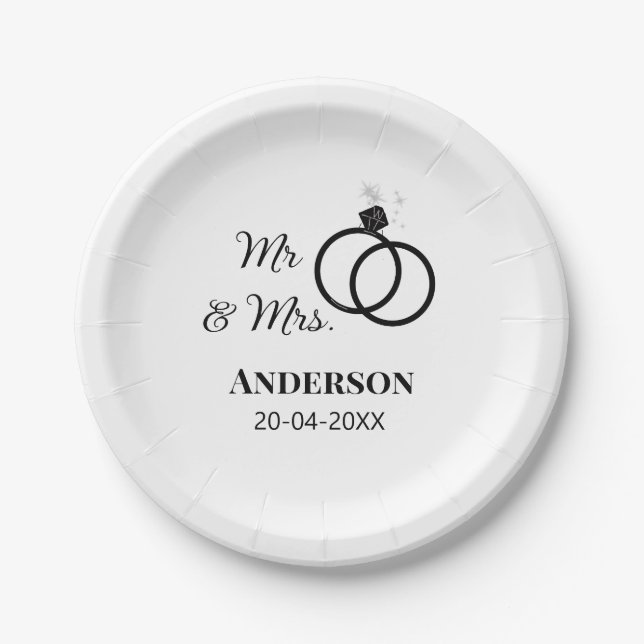 Assiettes En Carton M. & Mme ajouter nom de famille date année mariage (Devant)