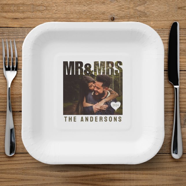 Assiettes En Carton M & Mme Bloc Photo Cœur Anniversaire Nom (Mr & Mrs Photo Block Heart Anniversary Name Paper Plates
)