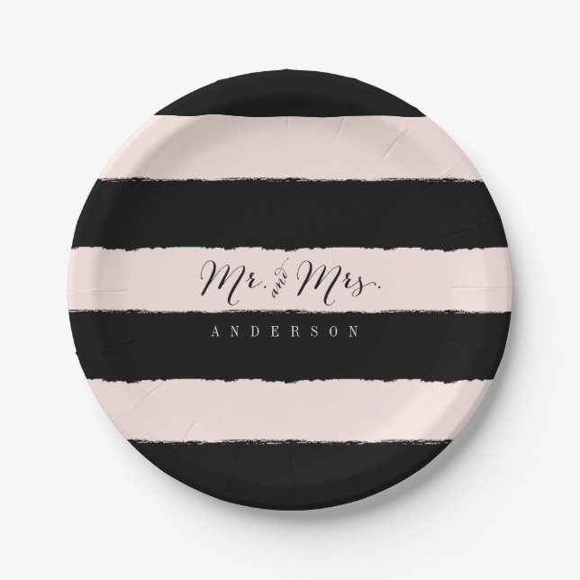 Assiettes En Carton M. & Mme Chic Script Calligraphy Stripes Mariage (Devant)