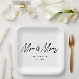 Assiettes En Carton M. & Mme Modern Black White Script Mariage