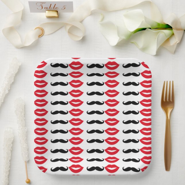Assiettes En Carton M. & Mme Mustache & Lèvres Plaques en papier (Mariage)