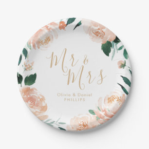 Assiettes En Carton M. & Mme Romantic mariage floral de pêche de jardi