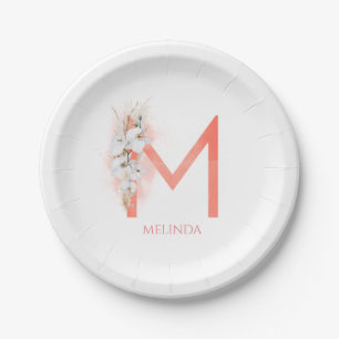 Assiettes En Carton M Monogramme Nom Herbe des Pampas Orchidées Blanch