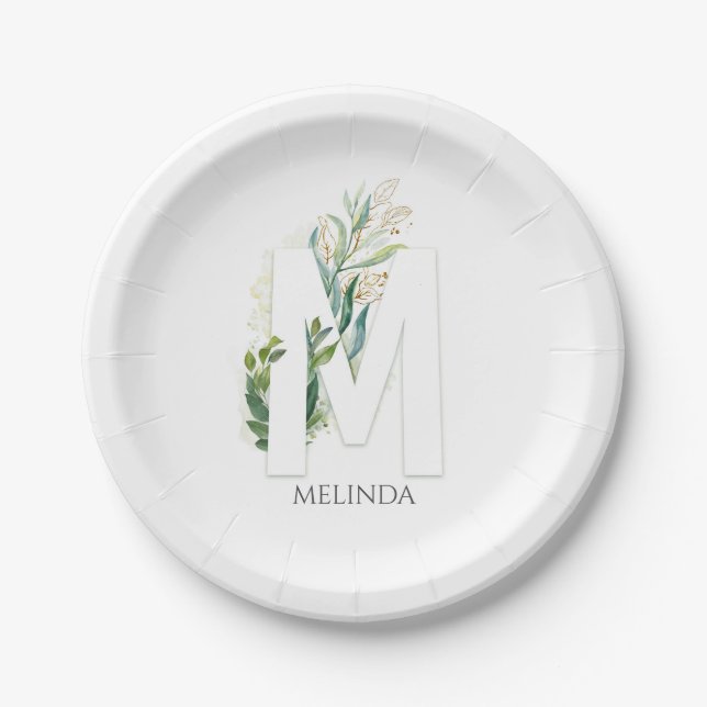 Assiettes En Carton M Monogramme Or Feuilles De Verdure Élégant Nom (Devant)
