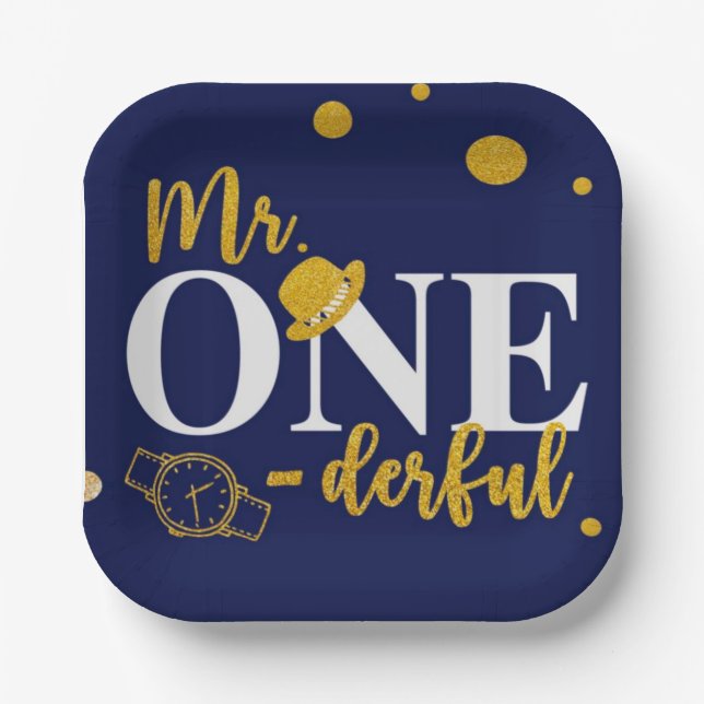 Assiettes En Carton M. One-derful Navy Blue and Gold Birthday Party N (Recto)