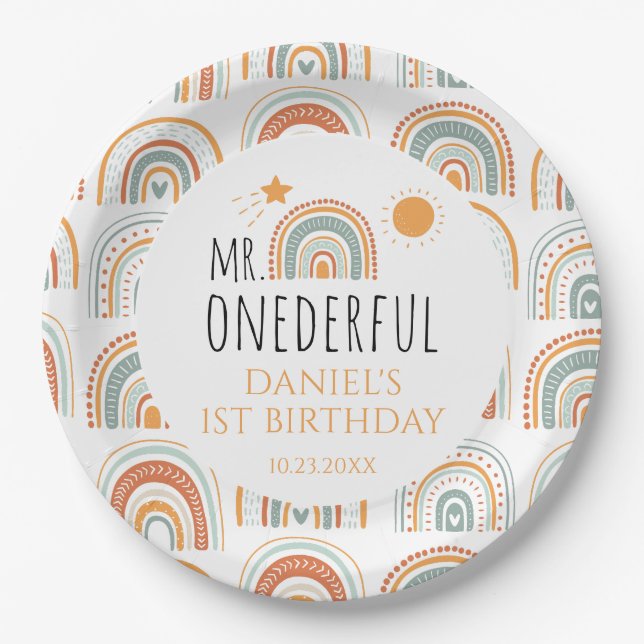 Assiettes En Carton M. Onederful Boho Arc-en-ciel Premier anniversaire (Devant)