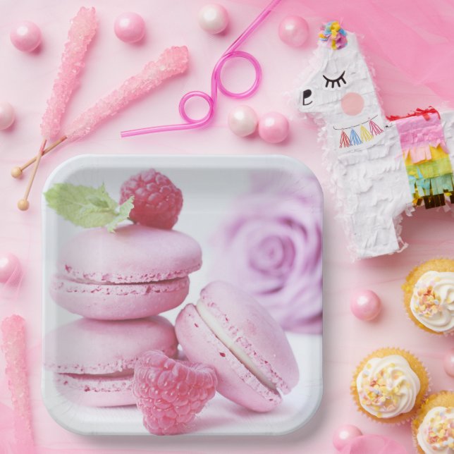 Assiettes En Carton Macarons framboises roses Pâtisserie française Pho (Fête)