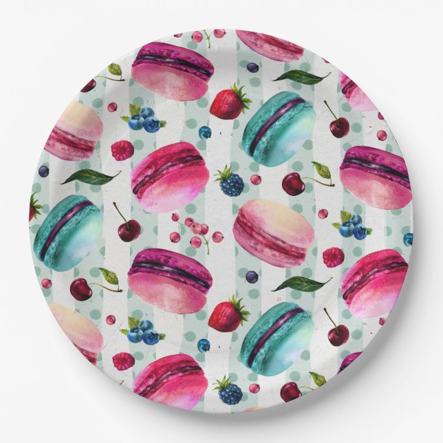 Assiettes En Carton Macarons Pâtisserie Française Aux Berries Et Pois (Devant)