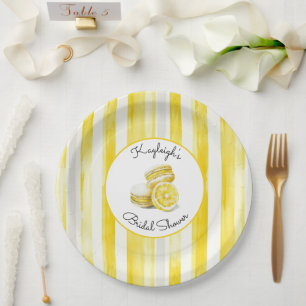 Assiettes En Carton Macarons rayures jaune citron pour Baby Shower