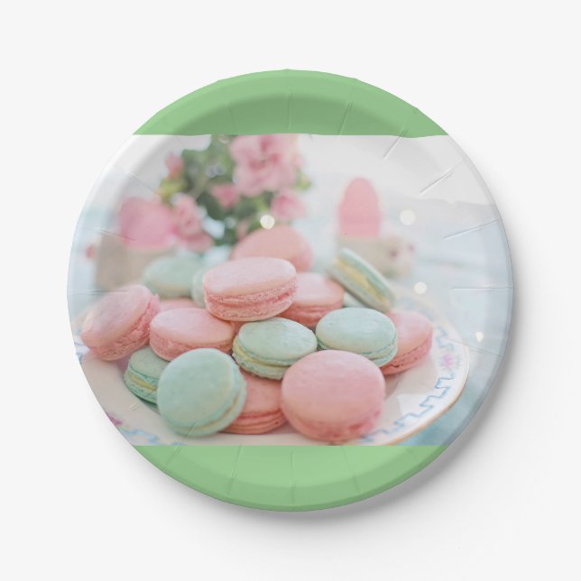 Assiettes En Carton Macarons vert menthe et rose (Devant)