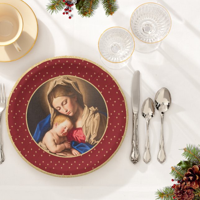 Assiettes En Carton Madonna & Enfant traditionnel Noël religieux (Religious Christmas plate with Madonna and Child in red and gold for Christians and Catholics)