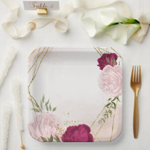 Assiettes En Carton magenta fleurs roses verdure mariage