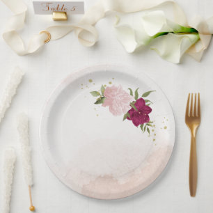 Assiettes En Carton magenta fleurs roses verdure mariage