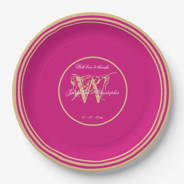 Assiettes En Carton Magenta moderne + Monogramme Or Mariage chic (Devant)