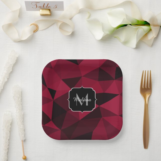 Assiettes En Carton Magenta rose rouge noir géométrie motif Monogramme (Mariage)