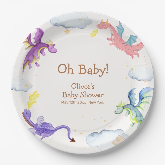 Assiettes En Carton Magic Fairytale Baby shower Dragon Magique (Devant)