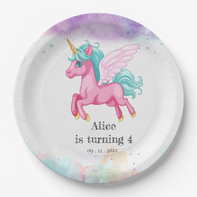 Assiettes En Carton Magic rose Unicorn Rainbow Anniversaire de enfant  (Devant)