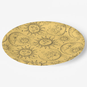 Assiettes En Carton Magie Jaune Vintage Céleste Soleil Lune Étoiles
