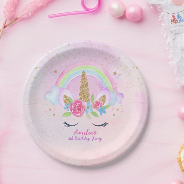 Assiettes En Carton Magique Unicorn Rainbow rose Anniversaire (Whimsical Rainbow Unicorn Birthday Party Plates)