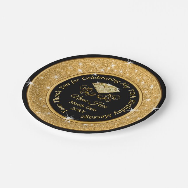 Assiettes En Carton Magnifique Black and Gold 70th Birthday Party Plat (Angle)