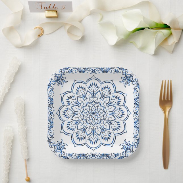 Assiettes En Carton Magnifique Mandala Bleu Métallisé (Mariage)