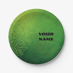 Assiettes En Carton Magnifique Mandala vert avec nom