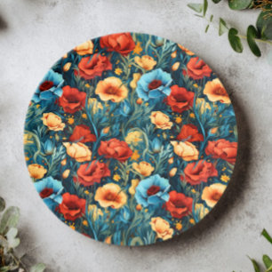Assiettes En Carton Magnifique motif de fleurs jaunes, bleues et rouge