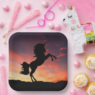 Assiettes En Carton Magnifique silhouette de licorne au coucher du sol
