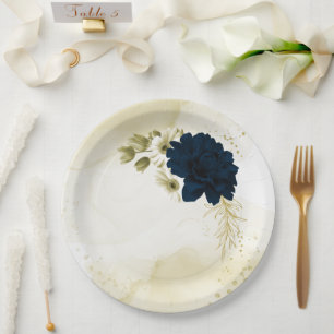 Assiettes En Carton Magnifiques fleurs bleu marine ivoire et or