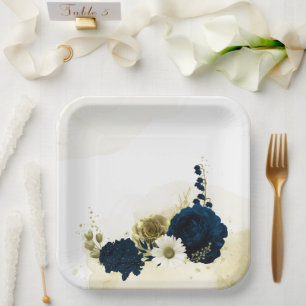 Assiettes En Carton Magnifiques fleurs bleu marine ivoire et or