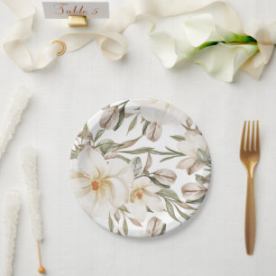 Assiettes En Carton Magnolia Blanc Fête des mariées Florale Verdure