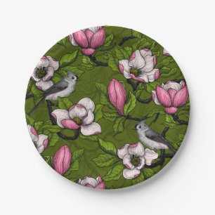 Assiettes En Carton Magnolia en floraison et oiseau de tireur 2