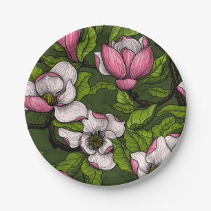 Assiettes En Carton Magnolia en floraison sur vert foncé