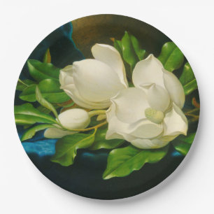 Assiettes En Carton Magnolias géant sur un tissu de velours bleu (tête