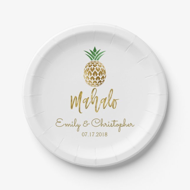 Assiettes En Carton Mahalo Tropical Hawaiian Ananas Mariage Blanc (Devant)