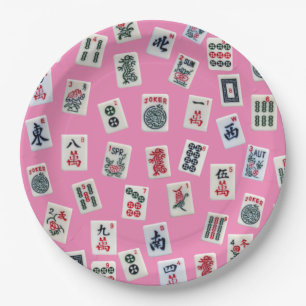 Assiettes En Carton MahJong carreaux symboles sur rose