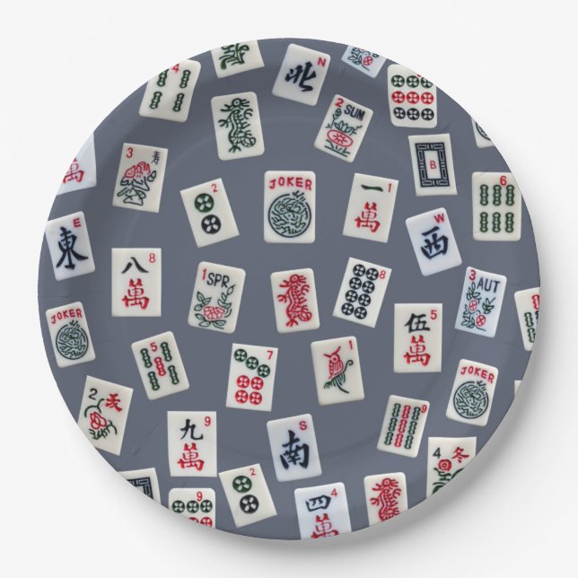Assiettes En Carton MahJongg mosaïques design sur bleu foncé (Devant)