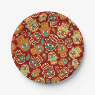 Assiettes En Carton Main de Hamsa - Main de Fatima Turquoise Terracott