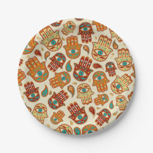 Assiettes En Carton Main de Hamsa - Main de Fatima Turquoise Terracott